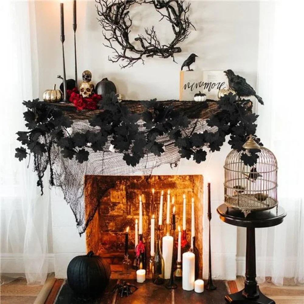 Black Maple Leaf Garland, 2PCS Halloween Artificial Hanging Fall Leave Vines